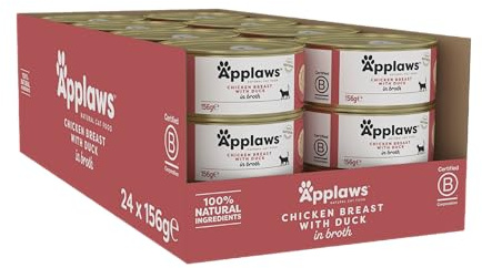 Applaws 100% Natural Wet Cat Food, Chicken with Duck in Broth for Adult Cats - Pack of 24 x 156 Tins