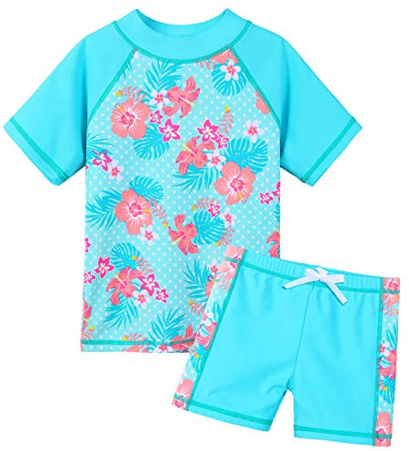 ZNYUNE Fille Maillot de Bain Imprimé 2 pcs Haut Manches Courtes + Short 342 Cyan B NO.6A pour 5-6 Ans