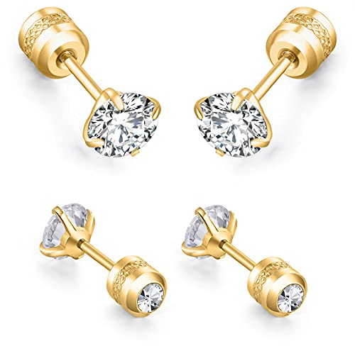 day.berlin Ohrstecker Damen 4er Set in Gold Ohrring mit Zirkonia Diamant Kristallen 3mm & 4mm Durchmesser, Edelstahl 18k vergoldet für Frauen und Herren