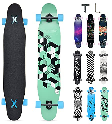 Opurtdor Longboard 118CM Profi Skateboard Komplettes Cruiser Trick 8 Etagen Ahornholz Wood Schwarzes Longboard für Anfänger Erwachsene Teens Mädchen Jungen (3D Kariert)