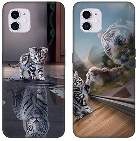 DiaryTown 2 Pack Hülle für iPhone 11 Liquid Silikon Handyhülle mit Motiv Schutzhülle Ultra Dünn TPU Bumper Rundumschutz Schwarz Case für Cover iPhone 11 - Katze & Tiger