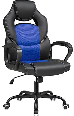 SONGMICS Bürostuhl, Gaming Stuhl, ergonomisch, Wippfunktion, Schreibtischstuhl, Drehstuhl, höhenverstellbar, für langes Sitzen, atmungsaktiv, schwarz-blau OBG025Q01