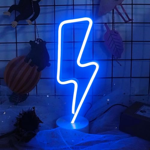 BringLuck2U Blitz Neonlicht Neon Signs LED Lightning Bolt Neon Schild Batteriebetrieben Blau LED Dekorative Nachtlichter Tischdekoration für Wohnzimmer Büro Weihnachten Geburtstag Hochzeit Dekoration