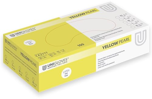 UNIGLOVES - Yellow PEARL® Gelbe passgenaue Einweghandschuhe aus Nitril | Lebensmittelecht, puderfrei & latexfrei | hohe Festigkeit & Haltbarkeit | 100 Stück | Einmalhandschuh L