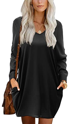 Beluring Damen Tunika Kleid Mit Taschen Elegante V Ausschnitt Langarm Blusenkleider Schwarz XL