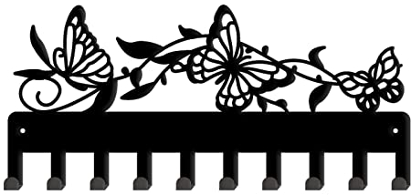 SUPERDANT Portachiavi da Parete Farfalla 10 Ganci Vite Ferro Nero A Parete Ganci per Borse Portachiavi da Casa Vestiti Chiave Appeso per Guinzaglio Cani Decorazione della Parete 11.5x25cm