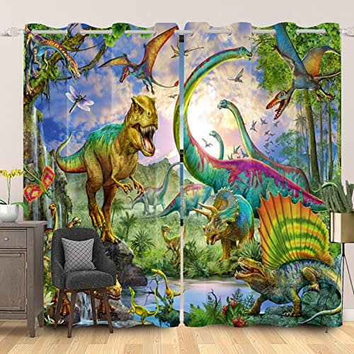 SDOTPMT 140x229cm Dinosaurier Fenstervorhang Alt Wild Tier Gras Wald Kinder Schiebevorhänge Tierwelt Natürlich Landschaft Blickdichte Vorhänge für Wohnzimmer Verdunkelung Vorhänge, 2 Stücke