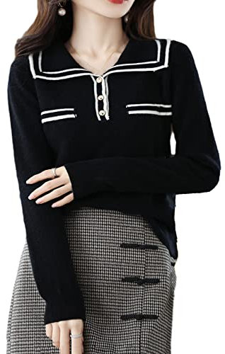 Mokkpeq Collar Sweater for Women Long Sleeve Loose Knit Jumper Pullover 100% Pure Wool Sweater Black L