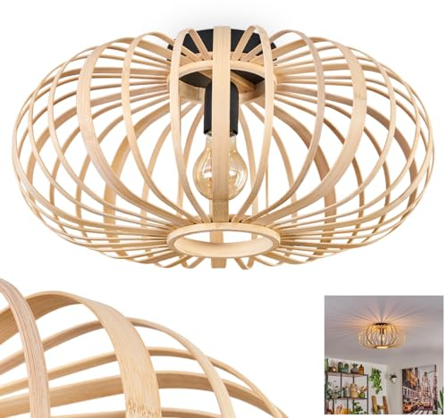 Deckenleuchte Oravi, runde Deckenlampe aus Bambus/Holz/Metall in Natur/Schwarz, 1-flammig, E27-Fassung, Ø 45 cm, Boho-Leuchte mit tollem Lichteffekt durch Gitter-Optik, ohne Leuchtmittel