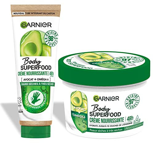 Garnier Body Superfood – Set mit pflegender Körpercreme + pflegende Handcreme – 48 Stunden Feuchtigkeit – mit Avocadoöl und Omega 6 – 97% Inhaltsstoffe natürlichen Ursprungs