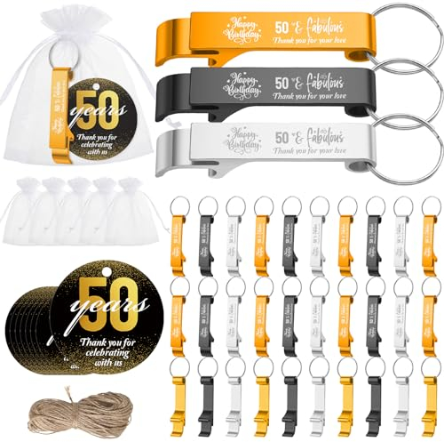 Dandat 54 Sets 50th Birthday Party Favors for Guests Birthday Beer Opener Keychain Cheers to 50 Bottle Opener Keychain with Thank You Cards and Gift Bags for Anniversary Wedding Party Favors