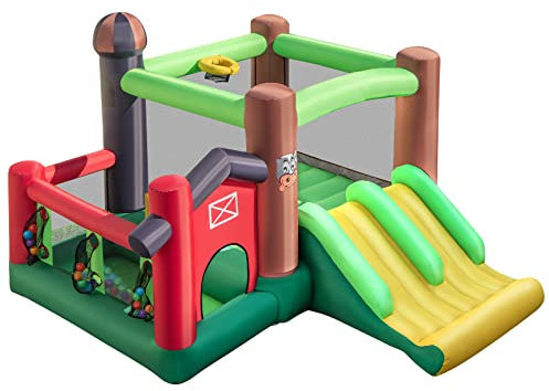 Maxmass Inflatable Bounce House, 6 in 1 Kids Bouncy Castle with Dual Slides, Ball Pit, Basketball Hoop and Pitching Game, Jumping Bouncer Playhouse for Indoor Outdoor Backyard (WIthout Blower)