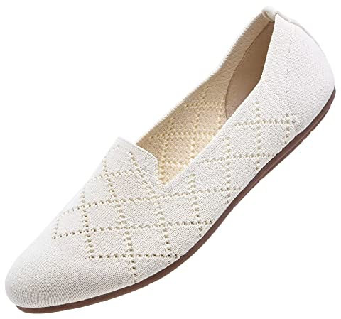 Puxowe Women's Ballet Flats Shoes Slip On Knit Dress Shoes Pumps Round Toe Ballerinas for Woman Comfort Soft 4.5 UK Beige