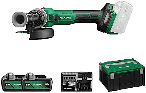 HiKOKI Akku Winkelschleifer G1813DE (18V, 125 mm Ø, Brushless Motor, mit Antivibrations-Zusatzhandgriff, Schleifschutzhaube, 2 Akkus BSL1850MA 18V Li-ion, 1 Ladegerät UC18YSL3, im Transportkoffer)