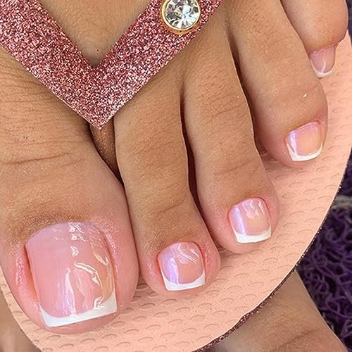 24 Pièces Court Carré Faux Ongles D'orteil Français Rose Blanc Faux Ongles pour Orteil Ballerine Acrylique Pleine Couverture Capsules Ongles Pied avec Autocollants Adhesif pour Femmes et Filles