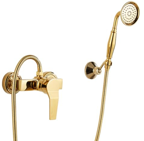 Badewannenarmatur Wannenbatterie Retro Vintage Stil Messing Einhand Wandmontage Wannenarmatur Badewanne Amatur Mit Handbrause Wannenmischer Dusche Set, Gold