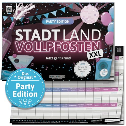 DENKRIESEN - Stadt Land VOLLPFOSTEN® - Party Edition | A3 Spielblock | Ab 12 Jahren | Partyspiel | Stadt Land Fluss | Geburtstagsspiel | Lustiges Gesellschaftsspiel für Feiern und Spaß mit Freunden