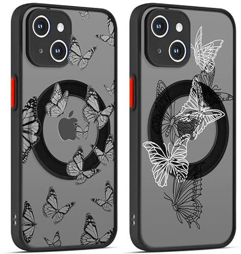 ZhuoFan 2 Piezas Funda Magnética para Apple iPhone 14 6.1'' Compatible con MagSafe, Aesthetic Diseño de Mariposa Carcasa Translúcida Mate Trasera, Mujeres Dibujos Antigolpes Case para iPhone 14