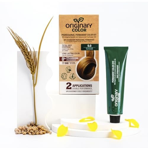 Originary Color - Kit de Coloración Profesional Permanente, Color 9-0 Rubio muy Claro + Crema Oxidante 100 ml + Champú 30 ml | Fórmula sin amoniaco y sin PPD.