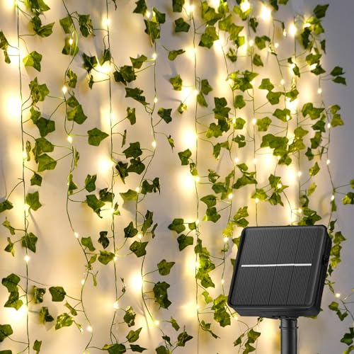 KASZOO Efeu Künstlich mit 100LED Solar Lichterkette, 10M/32Ft 8 Modi, Wasserdicht Solar Lichterkette Aussen für Garten, Balkon, Hochzeit, Zaun, Camping, Weihnachten, Dekorationen