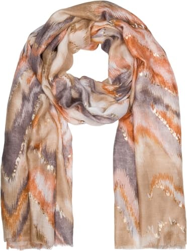 styleBREAKER Damen Schal Wasserfall Farbverlauf Muster mit Metallic Details, Leichtes großes Tuch mit kurzen Fransen 01016227, Farbe:Braun-Beige