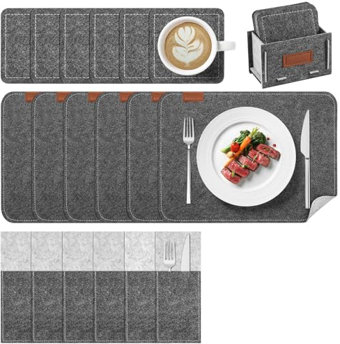 Witnewrage Tischsets Filz 19er Set: 6 Platzsets Abwaschbar, 6 Untersetzer, 6 Bestecktasche, 1 Filzbox - Doppelseitige Platzdeckchen in Mittelgrau Hellgrau