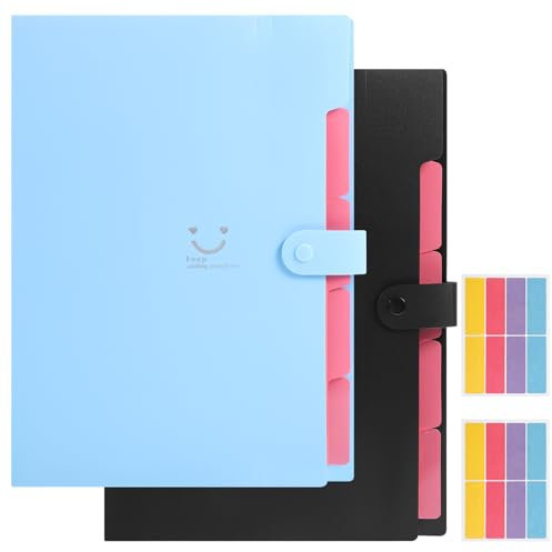 2 Pack Expanding File Folder, A4 File Organiser Plastic Folders with 5 Pockets and 2 Sheets Sticker Document Organiser for School Home Office
