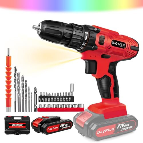 21V Cordless Drill Driver, Red Electric Drill Screwdriver Set w/Battery & Charger, 29PCS Accessories Kit Drill Set, 25+1 Torque Settings, Power Drill Impact Driver w/Carrying Case LED Light