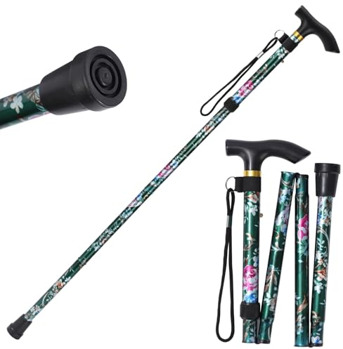 Gehstock Klappbar,Gehhilfen Senioren,Spazierstock Herren Schwarz,Faltbarer Gehstock Damen Höhenverstellbar,T-Griff für Altere Behinderte Männer Frauen (Grün Blume)