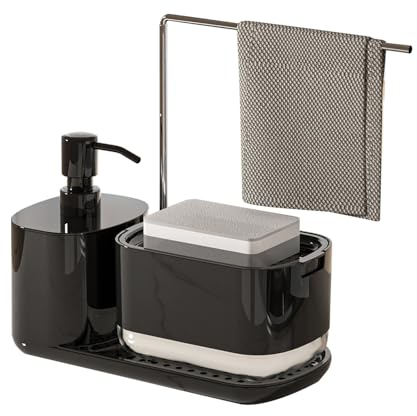 Gevvnss Dispenser Sapone Cucina, Porta Sapone Cucina 3 in 1, con Supporto Spugna e Supporto Tovaglia, Dispenser Detersivo Piatti Ricaricabile, Nero