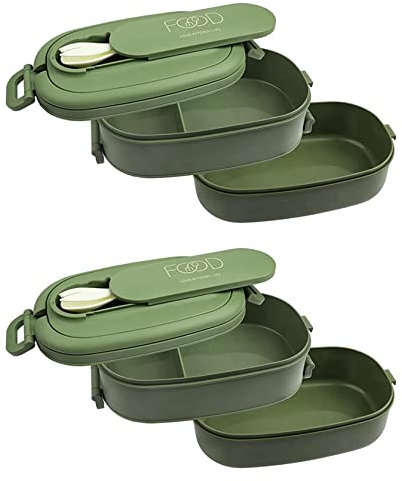 Breeshy 2X Box für Mittagessen, Auslaufsichere Bento Box für Kinder und Erwachsene, Besteck Set Bento Boxen, für Kinder, Männer, Frauen, Erwachsene, Arbeits Schulen, Grün
