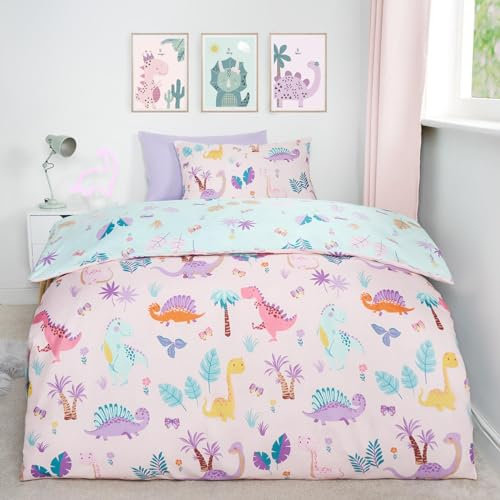 OHS Toddler Duvet and Pillow Set, Dino Bedding Duvet Covers Super Soft Comfy Girls Bedding Cot Bed Duvet Set for Kids Bedroom Reversible Bedding with Pillowcase, Pink/Blue