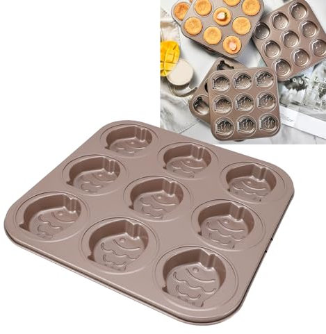 Bewinner 9 Tassen Niedliche Muffinblech, Antihaftbeschichtete Stahl Carbon Backform, DIY Muffin Backform für Zuhause, Schokolade, Kuchen (Fisch)