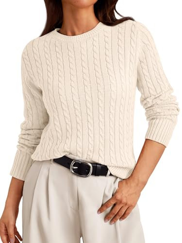 LILLUSORY Womens Lightweight Cable Knit Soft Business Casual Trendy Classic Pullover Sweaters Fall Outfits 2025, Cream, Small