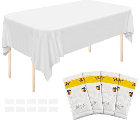 4Pcs Spill Proof White Plastic Tablecloth, 137x274cm Rectangular Wipe Clean Table Cover, Waterproof Vinyl Oilcloth with 10 Hook and Loop Fasteners, Large Washable Table Cloth for Dining Room Wedding