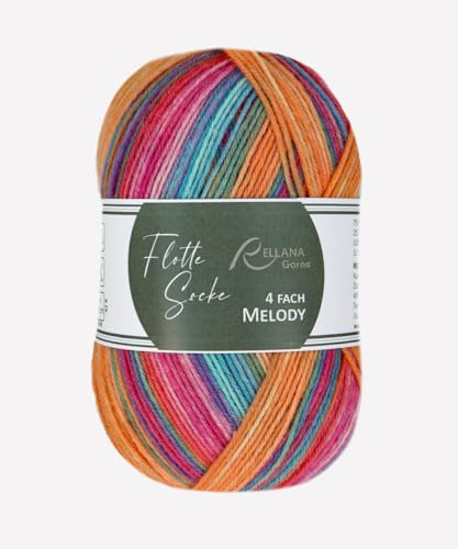 Flotte Socke 4-fach Melody, Sockenwolle 75% Schurwolle, 25% Polyamid, strapazierfähig, weich, mulesingfrei, 100 g/420 m, 40°C waschbar, Trockner geeignet, NS 2-3 mm, (3024 orange-pink-türkis)