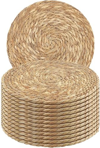 Kochorie Juego de 12 manteles individuales redondos de mimbre de ratán bohemio natural de 13.8 pulgadas para mesa de comedor en casa