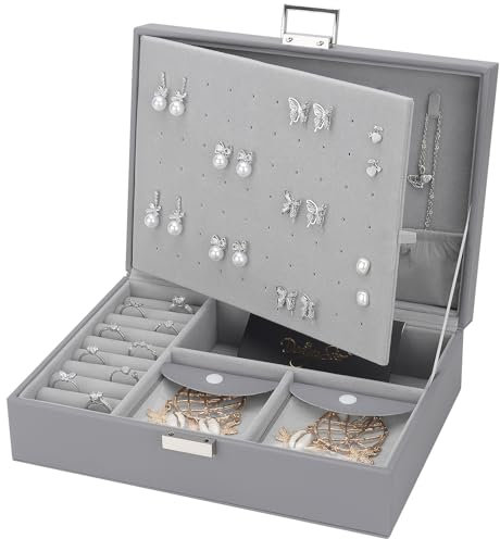 DesignSter Schmuckkästchen, Große PU Schmuckaufbewahrung für Damen Mädchen, Schmuckschatulle mit 8 kleinen Schmucktaschen, Groß Schmuckbox für Ringe, Ohrringe, Halskette, Grau