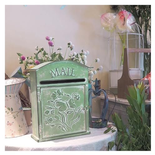 GSJNHY Postkasten für Wandmontage Garten-Briefkasten for den Außenbereich, Briefkasten aus Metall und Eisen, Vintage-Briefkasten, Größe 26,5 x 10 x 31,5 cm, Blau, Grün, Villa Family(Green)