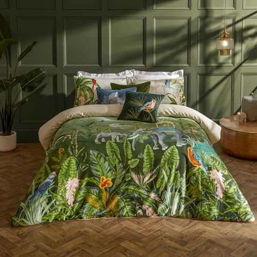 Paoletti Odisha Bettbezug Set – Wendbare Botanische Exotische Elefant Mit Paspelrand Luxus Bettwäsche (Dschungel – Super King – 260x220cm)