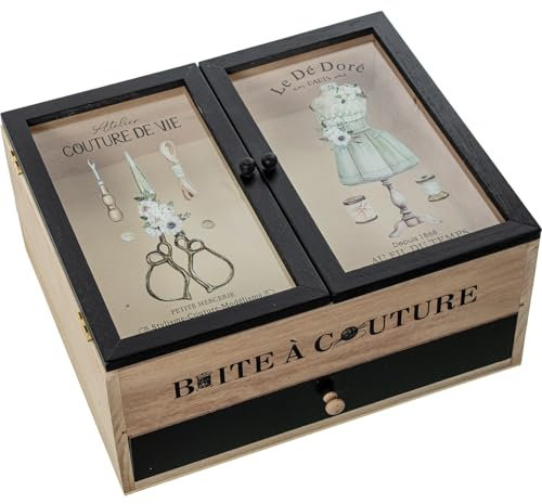 DRW Nähkästchen aus Holz mit Glasdeckel und 1 Schublade in Natur und Schwarz, 30 x 25 x 14 cm