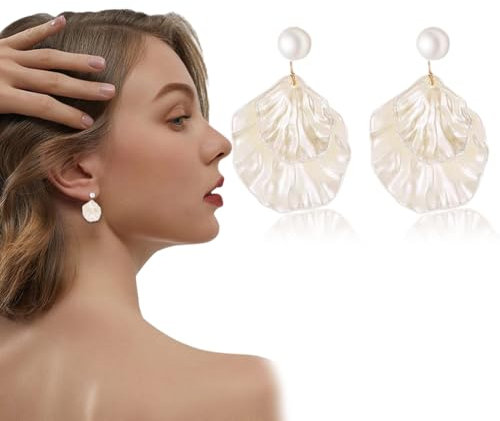 WUSJCOF Bijoux Sirène, Clous d'oreilles Perle Coquille Saint-Jacques, Boucles d'oreilles Rétro Boho, Bijoux Sirène, Boucles d'oreilles Coquillage Nacre Blanche pour Femmes et Filles