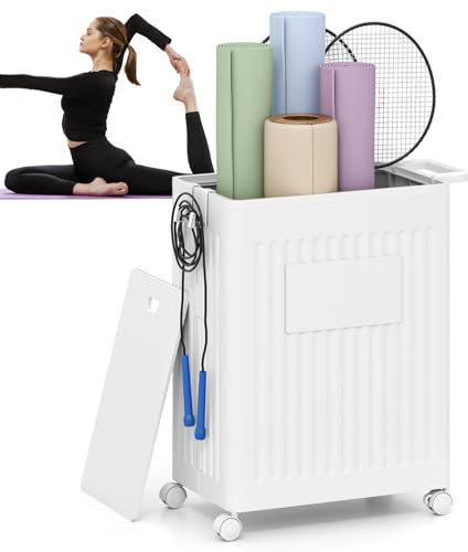 COSTWAY Rolling Yoga Mat Storage Basket, Collapsible Home Gym Storage Rack Laundry Hamper with 4 Wheels, Removable Lid, Extended Handle, 2 Hooks and DIY Label, Workout Equipment Holder Trolley