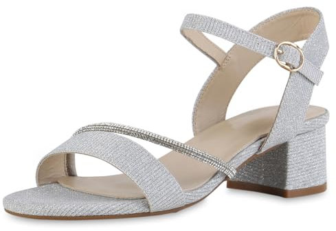 VAN HILL Damen Riemchensandaletten Blockabsatz Glitzer Party Schuhe 216812 Silber 40