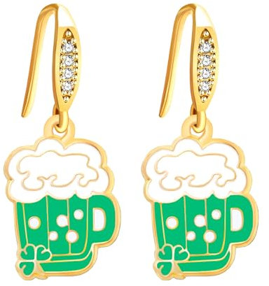 JunyiDIY Fun Full Beer Mug Earrings for Women, Green Vibrant Party Lucky Four-Leaf Clover Jewelry for St. Patrick’s Day Summer YA5718