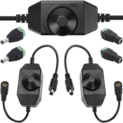 MKBKLLJY 3PCS LED Strip Light Dimmer Switch DC 12V-24V PWM Rotary Dimmer Controller ON OFF with 5.5mm x 2.1mm DC Power Male Female Plug Adapter for 5050 3528 2835 5630 LED Strips Black K-018-BK