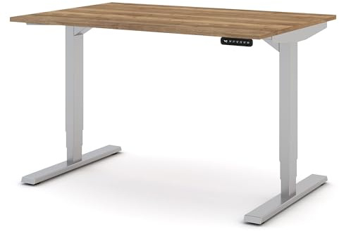 ASSMANN Elektrisch höhenverstellbarer Schreibtisch Y-Line 120x80cm Eiche Tabak Silber, TÜV-Zertifiziert, Memoryfunktion, Kollisionsschutz, 5 Jahre Herstellergarantie einfache Montage für Büro und
