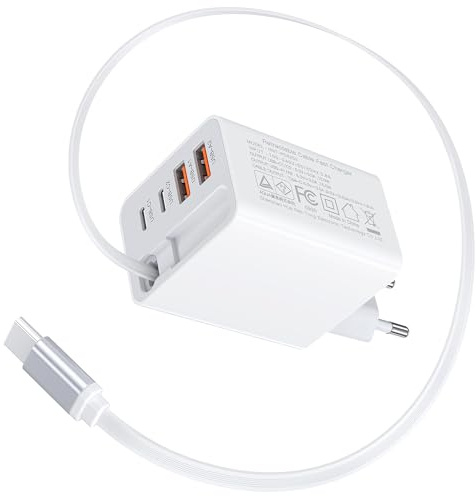 5 in 1 GaN USB C Ladegerät mit Einziehbarem Kabel, 3 USB C + 2 USB A Schnellladegerät USB Netzteil USB Adapter für iPhone 17 Pro Max 16/15/14, Galaxy S25 Ultra/S24, iPad, Tablet, Handys