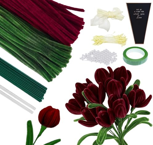 Homewit 200 Stück Pfeifenreiniger Blumen Set, Pfeifenputzer zum Basteln mit Blumendrähte, Klebeband, Blumenstraußverpackungen, Tulip Rose Bouquet Ideal für Weihnachten, Hochzeiten