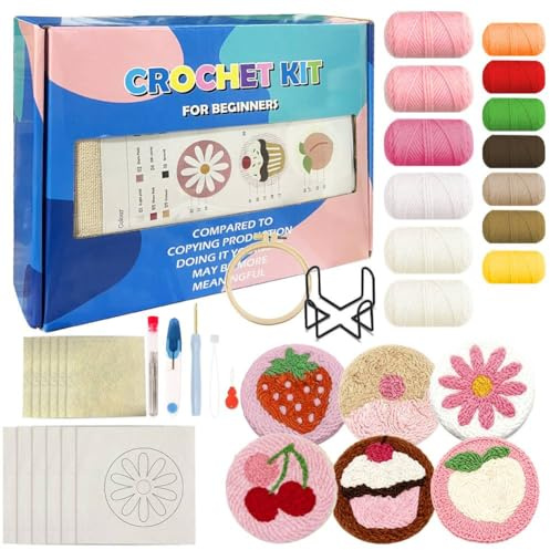 Fouvin 6 Stück Punch Needle Untersetzer Set, Punch Needle Starter Craft Set mit Motiven, Garn, Stickrahmen, Anleitung & Halter, Einfaches DIY-Stickset für Anfänger, Kinder